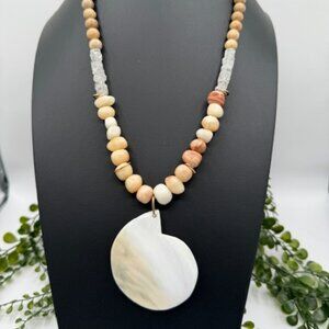 Anthropologie Serefina Shell Pendant with Stone and Grey Suede Tie Necklace NWOT